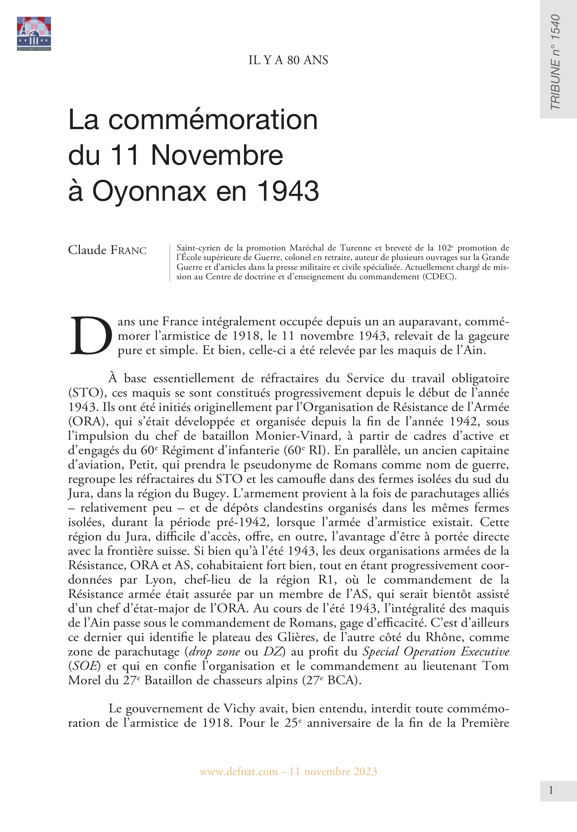 Il y a 80 ans – La commémoration du 11 Novembre à Oyonnax en 1943 (T 1540)
